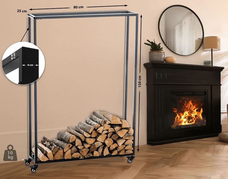 Range-bûches étagère support bois de cheminée sur roulettes 150x80x25 cm en métal noir 10_0003533