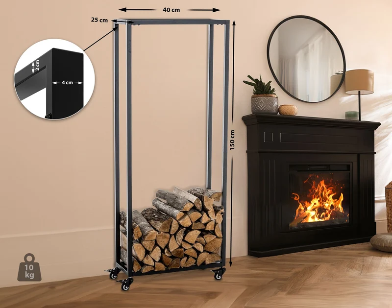 Range-bûches étagère support bois de cheminée sur roulettes 150x40x25 cm en métal noir 10_0003529