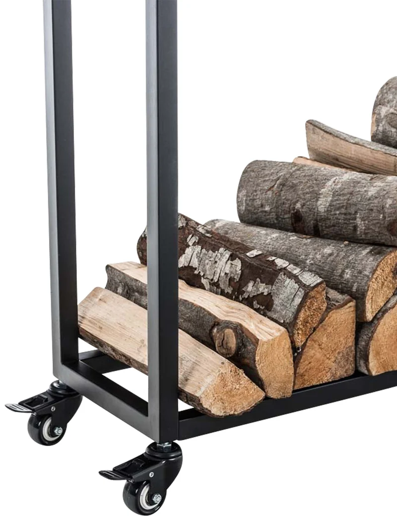 Range-bûches étagère support bois de cheminée sur roulettes 100x40x25 cm en métal noir 10_0003528