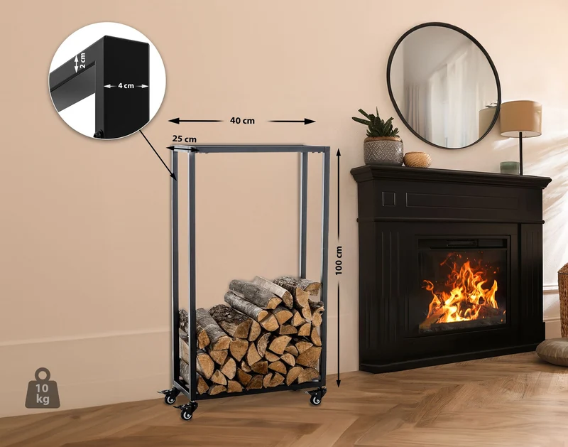 Range-bûches étagère support bois de cheminée sur roulettes 100x40x25 cm en métal noir 10_0003528
