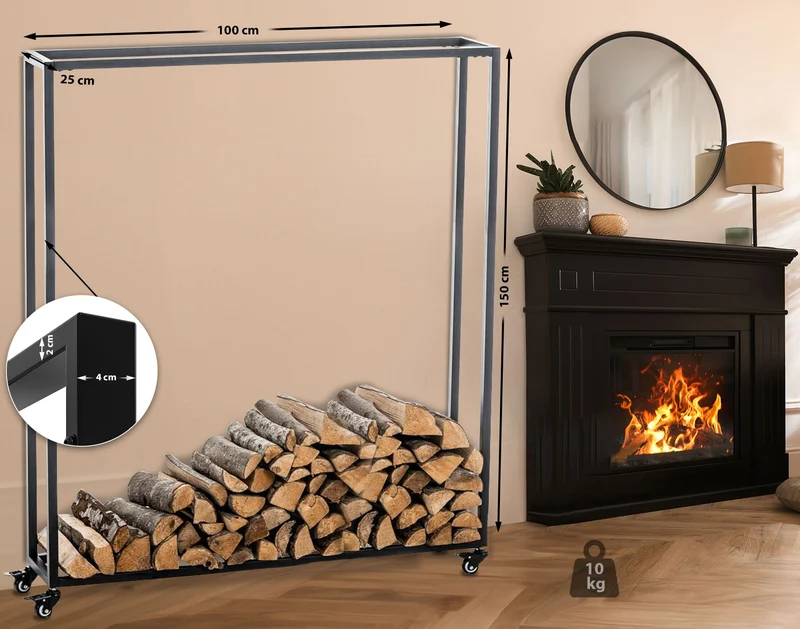 Range-bûches étagère support bois de cheminée sur roulettes 150x100x25 cm en métal noir 10_0003527