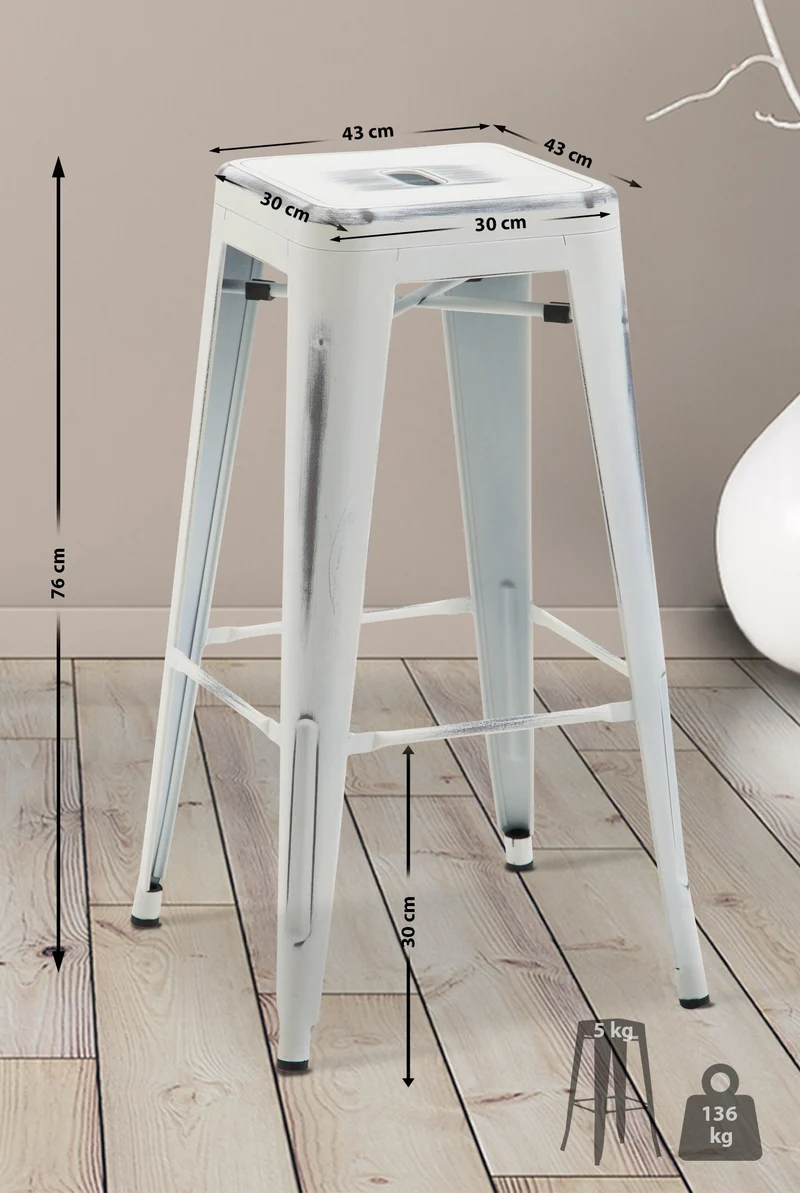 Tabouret de bar x1 avec repose-pieds design industriel en métal thermolaqué blanc vieilli 10_0005006