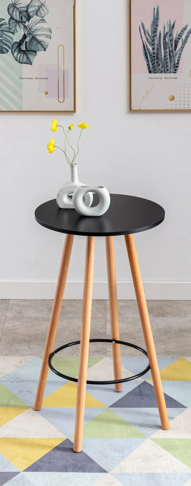 Table haute de bar avec plateau rond repose-pieds circulaire métallique plateau en bois noir 10_0005526