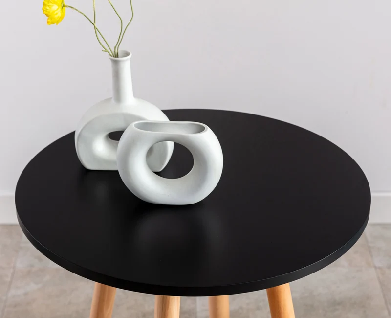 Table haute de bar avec plateau rond repose-pieds circulaire métallique plateau en bois noir 10_0005526