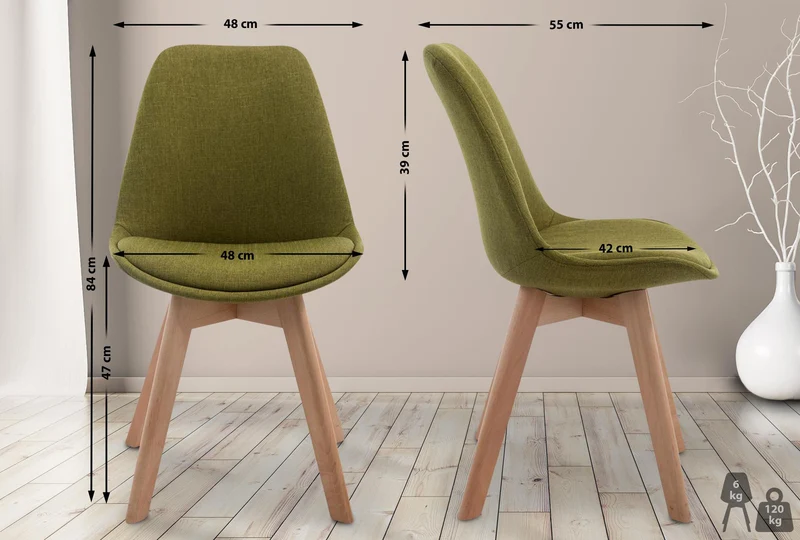Chaise de salle à manger x1 design scandinave en tissu vert et piètement à 4 pieds en bois clair 10_0003275