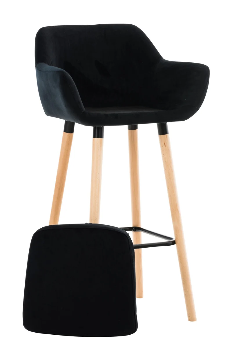 Tabouret de bar lounge x1 design scandinave assise en velours noir pieds en bois repose-pieds en métal 10_0004914