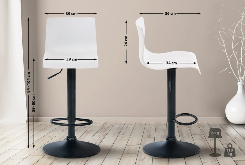 Tabouret de bar x1 avec repose-pieds pivotant dossier incurvé en plastique blanc et métal noir 10_0004932