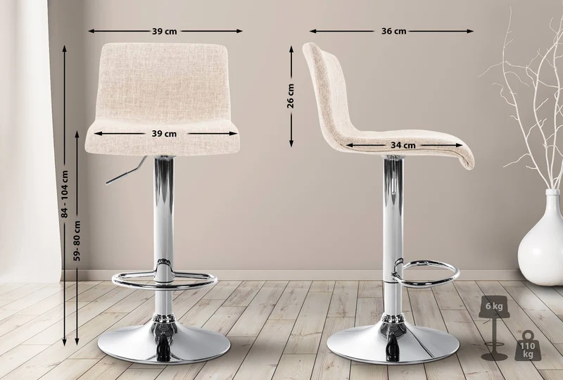 Tabouret de bar x1 avec repose-pieds pivotant dossier incurvé en tissu crème et métal chromé 10_0004966