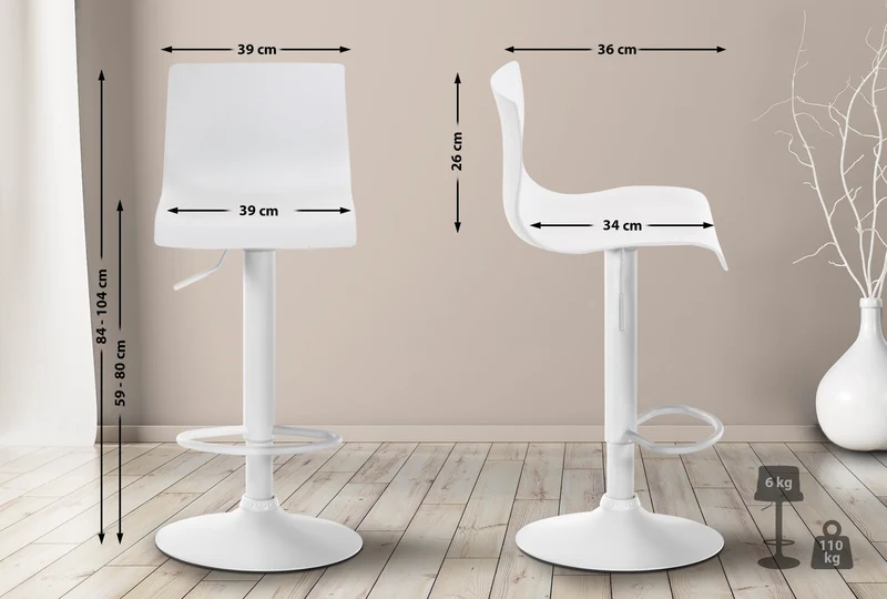 Tabouret de bar x1 avec repose-pieds pivotant dossier incurvé en plastique blanc et métal blanc 10_0004982