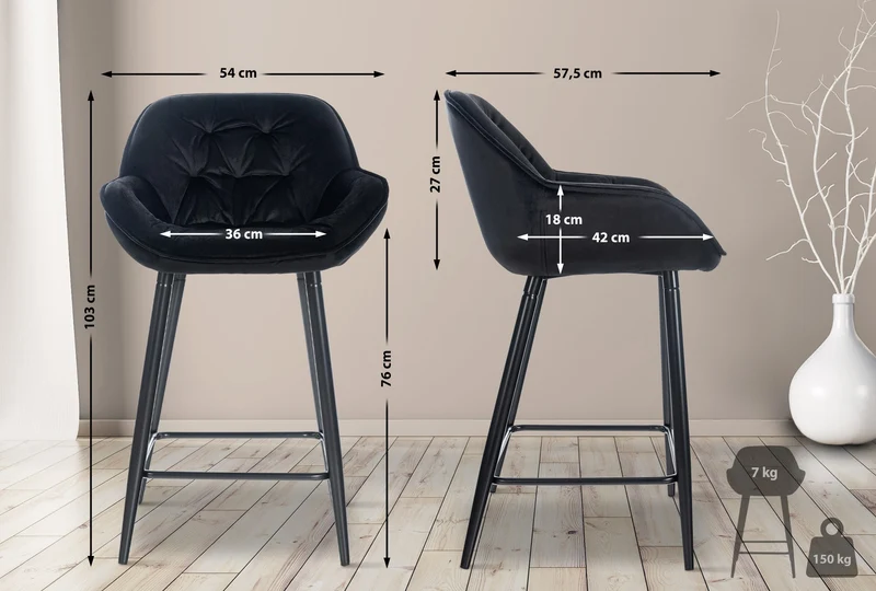 Tabouret de bar chaise haute x1 assise effet capitonnée en velours noir et métal noir 10_0004891