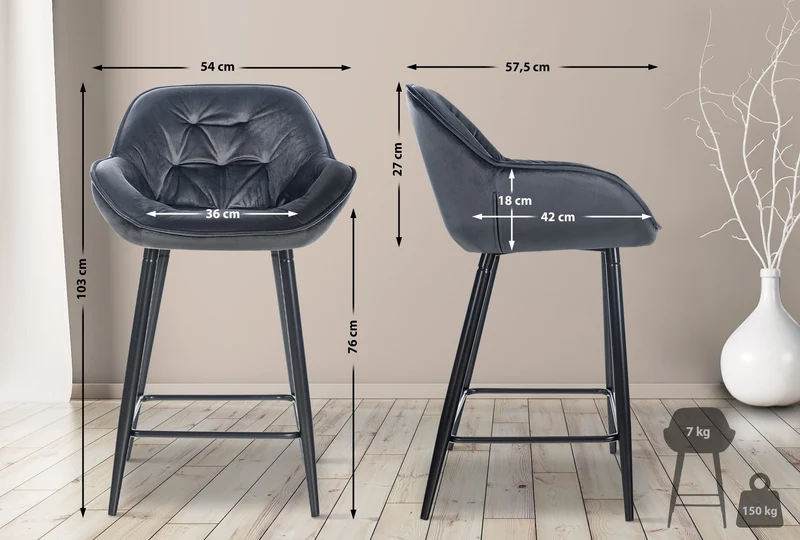 Tabouret de bar chaise haute x1 assise effet capitonnée en velours gris foncé et métal noir 10_0004892