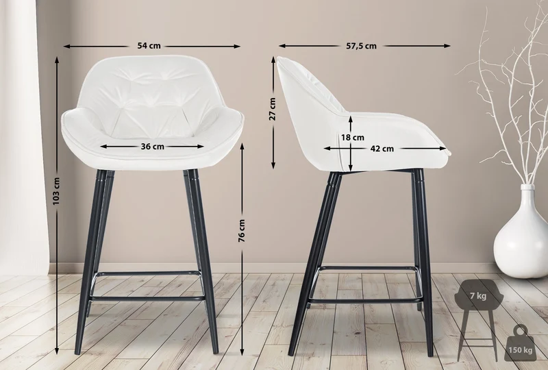 Lot de 2 tabourets de bar chaises hautes assise effet capitonnée en velours blanc crème et métal noir 10_0004151
