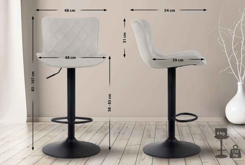 Tabouret de bar x1 coutures décoratives pied trompette hauteur réglable en métal noir assise en velours crème 10_0004859