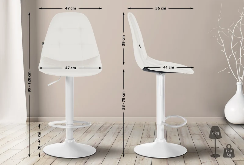 Tabouret de bar x1 avec repose-pieds hauteur réglable pivotant assise en PVC blanc cadre métallique blanc 10_0004835