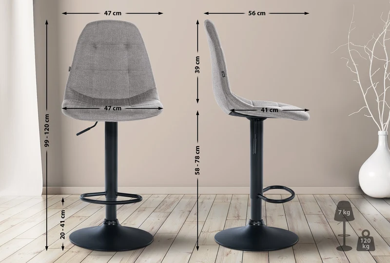 Tabouret de bar x1 avec repose-pieds hauteur réglable pivotant assise en tissu gris cadre métallique noir 10_0004840