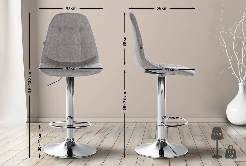 Tabouret de bar x1 avec repose-pieds hauteur réglable pivotant assise en tissu gris cadre métallique chromé 10_0004846