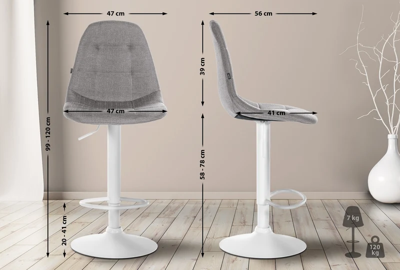 Tabouret de bar x1 avec repose-pieds hauteur réglable pivotant assise en tissu gris cadre métallique blanc 10_0004852