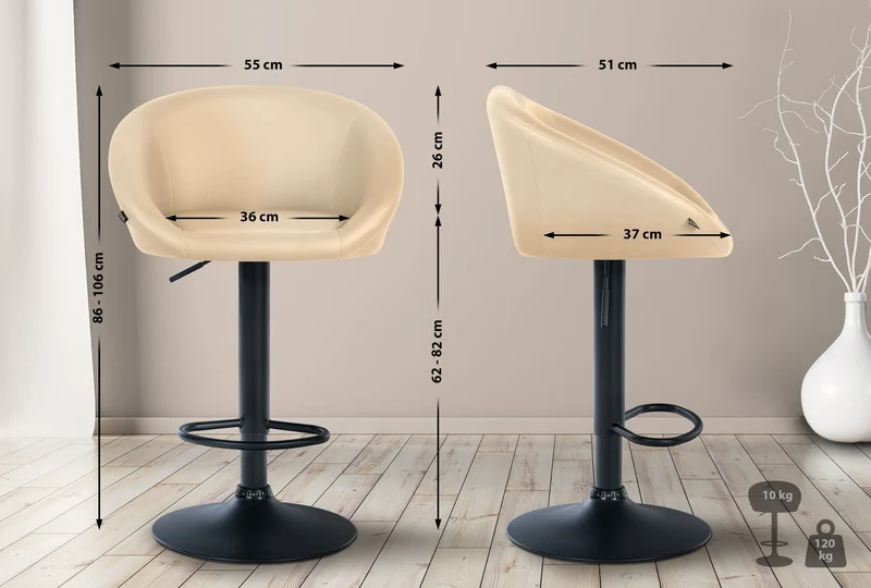 Tabouret de bar assise pivotante à 360° hauteur réglable en PVC crème piètement en métal noir 10_0004764