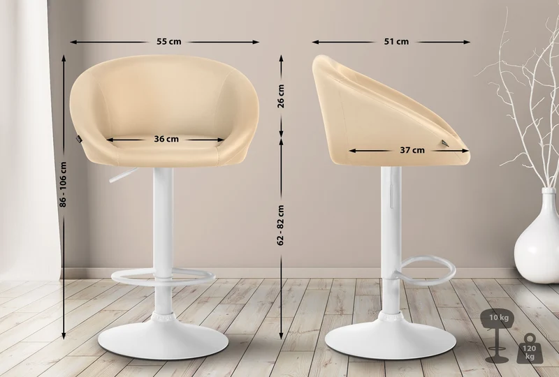 Tabouret de bar assise pivotante à 360° hauteur réglable en PVC crème piètement en métal blanc 10_0004769