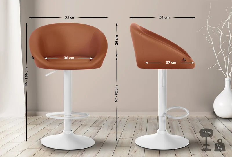 Tabouret de bar assise pivotante à 360° hauteur réglable en PVC marron piètement en métal blanc 10_0004772