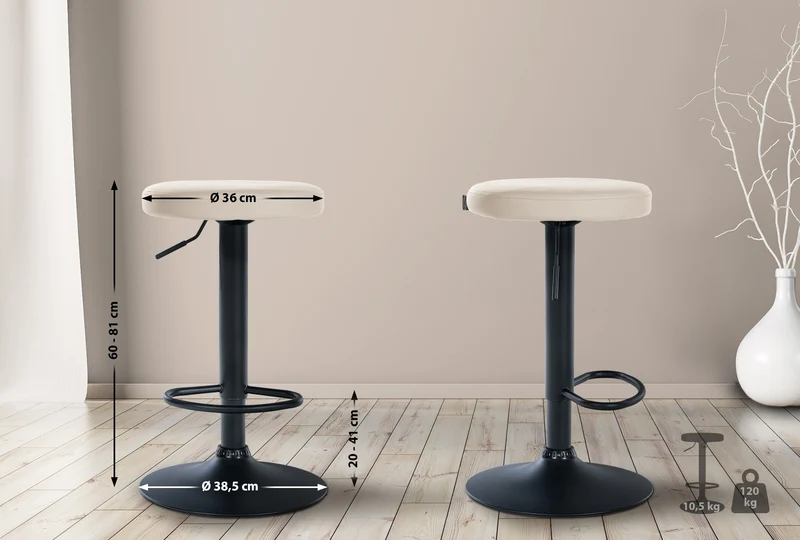 Tabouret de bar x1 design simple hauteur réglable revêtement en PVC crème pieds en métal noir 10_0005343