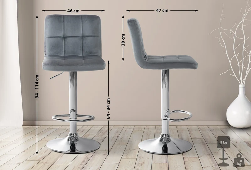 Tabouret de bar chaise haute x 1 avec coutures décoratives carrées assise en velours gris foncé pieds en métal chromé 10_0005325