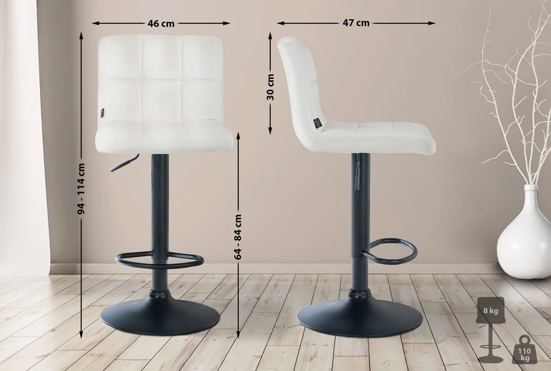 Tabouret de bar chaise haute x 1 avec coutures décoratives carrées assise en velours crème pieds en métal noir 10_0005330