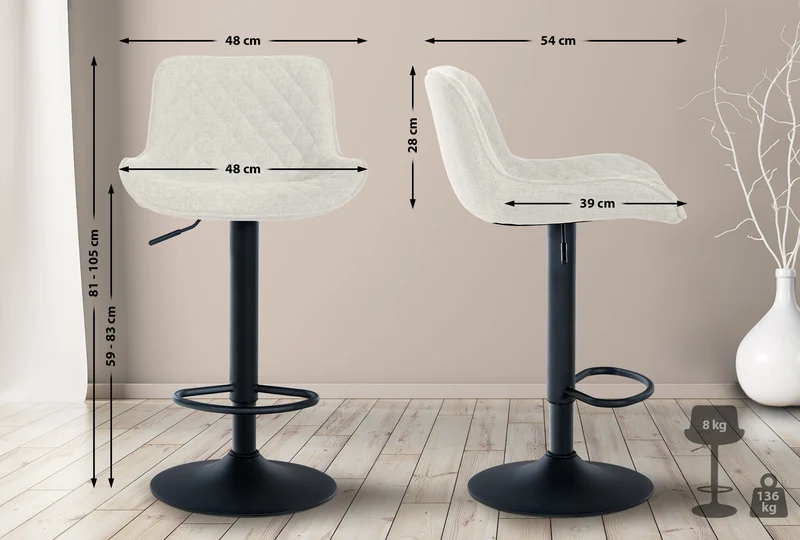 Tabouret de bar x1 assise avec coutures décoratives losange en tissu crème et pieds en métal noir 10_0005233