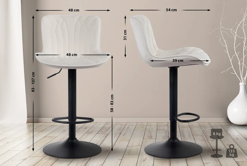 Tabouret de bar chaise haute x1 avec coutures décoratives en tissu velours crème pieds en métal noir 10_0005170