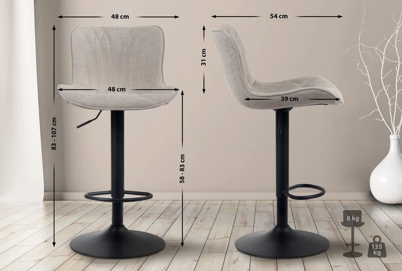 Tabouret de bar chaise haute x1 avec coutures décoratives en tissu taupe pieds en métal noir 10_0005173