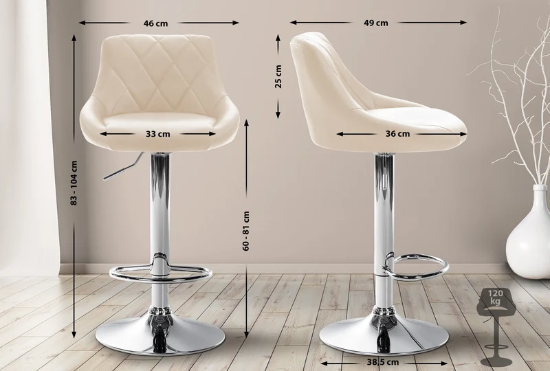 Tabouret de bar chaise haute x 1 avec coutures décoratives assise en PVC crème pieds métal 10_0005081