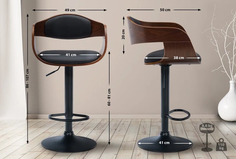 Tabouret de bar x1 design scandinave en PVC noir et structure en bois noyer pieds métal noir 10_0005036