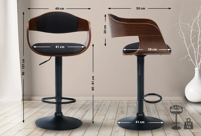 Tabouret de bar x1 design scandinave en tissu noir et structure en bois noyer pieds métal noir 10_0005038