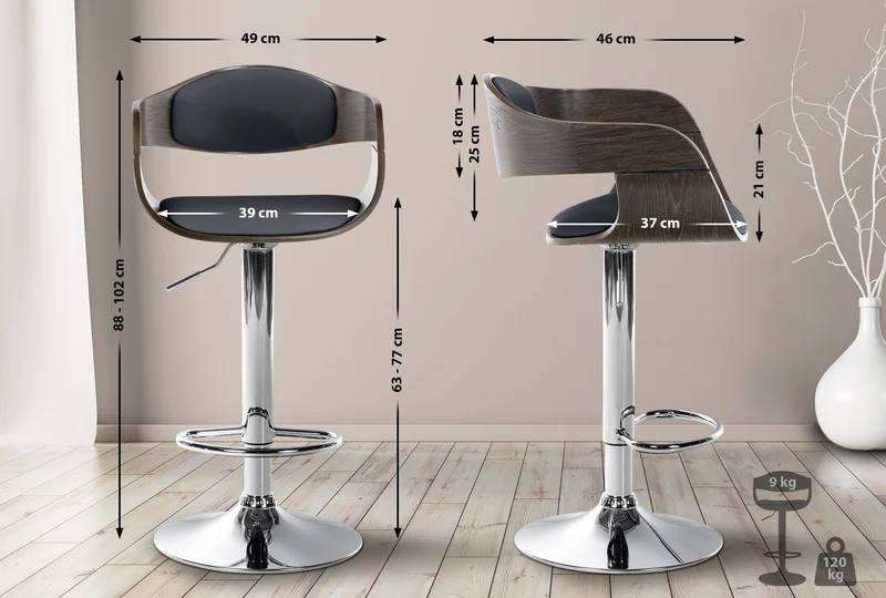 Tabouret de bar x1 design scandinave en PVC noir et structure en bois couleur gris 10_0005040