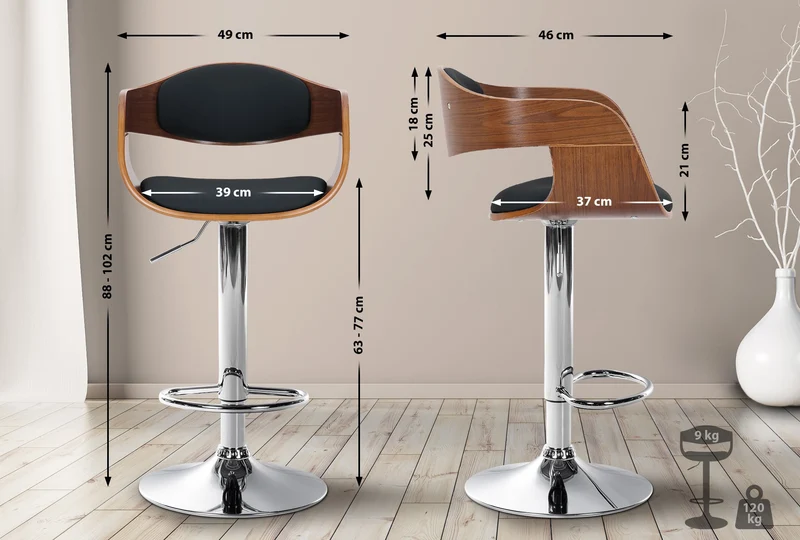 Tabouret de bar x1 design scandinave en PVC noir et structure en bois noyer pieds métal chromé 10_0005042