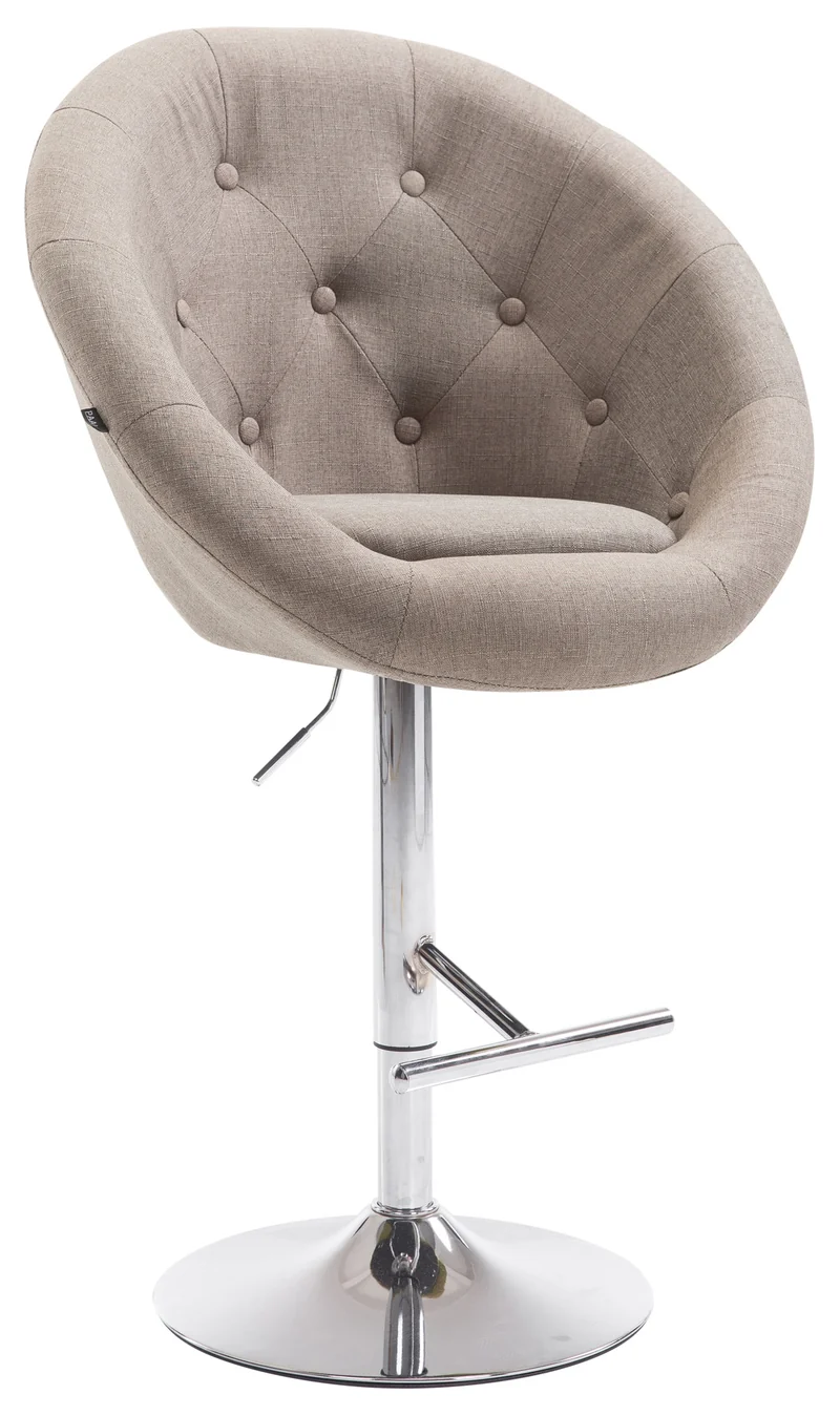 Tabouret de bar design moderne forme œuf capitonné avec repose-pieds en métal chromé tissu taupe TDB10342