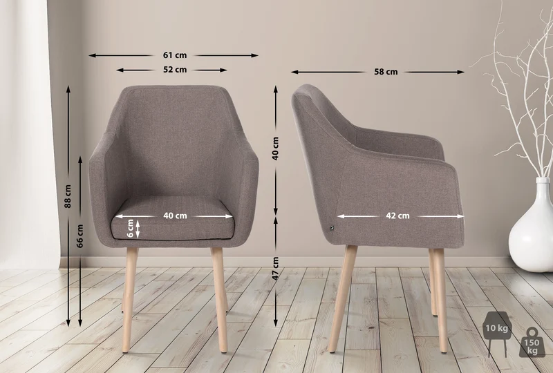 Chaise de salon avec accoudoirs quatre pieds résistants en bois clair assise en tissu taupe 10_0003490