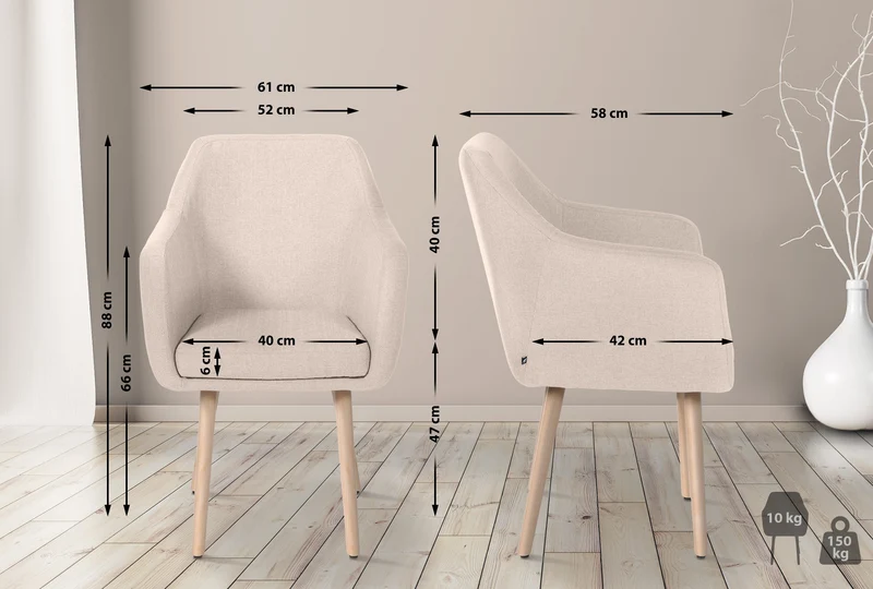 Chaise de salon avec accoudoirs quatre pieds résistants en bois clair assise en tissu beige 10_0003487