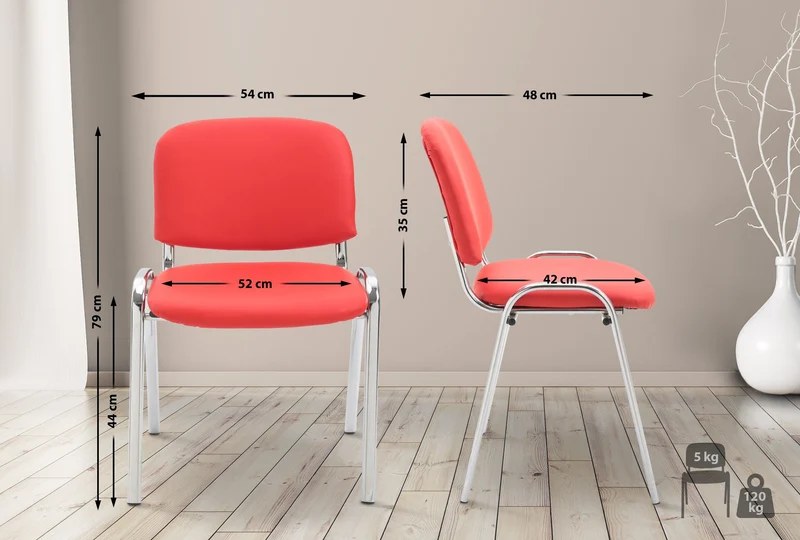 Chaise visiteur empilable zone d'attente en PVC rouge piètement à 4 pieds en métal chromé 10_0003364