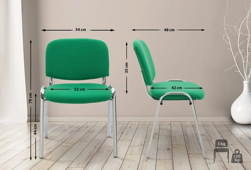 Chaise visiteur empilable zone d'attente en tissu vert piètement à 4 pieds en métal chromé 10_0003371