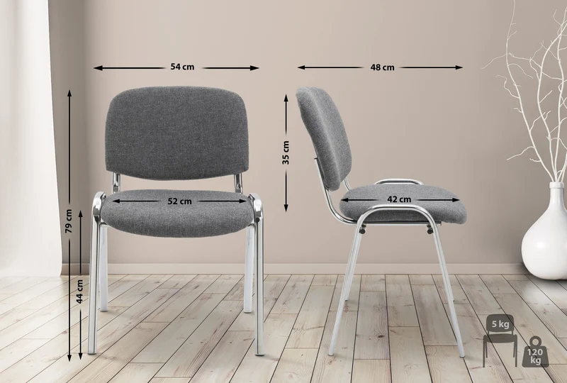 Chaise visiteur empilable zone d'attente en tissu gris piètement à 4 pieds en métal chromé 10_0003370