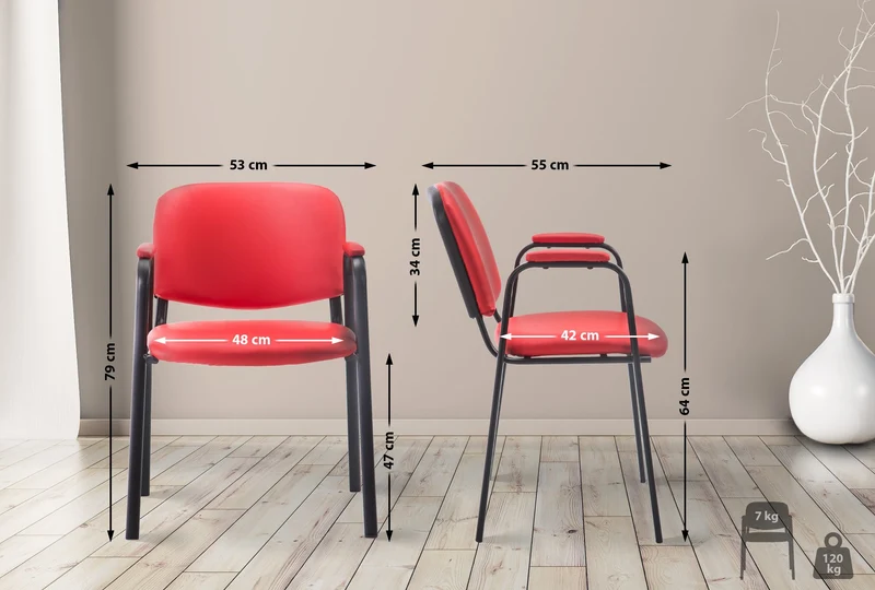 Chaise visiteur avec accoudoirs intégrés zone d'attente en PVC rouge piètement à 4 pieds en métal noir 10_0003378