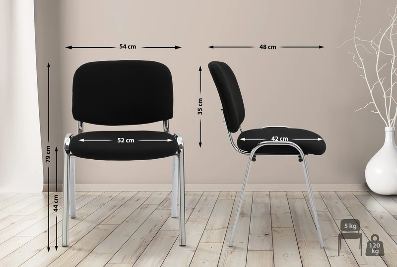 Chaise visiteur empilable zone d'attente en tissu noir piètement à 4 pieds en métal chromé 10_0003374