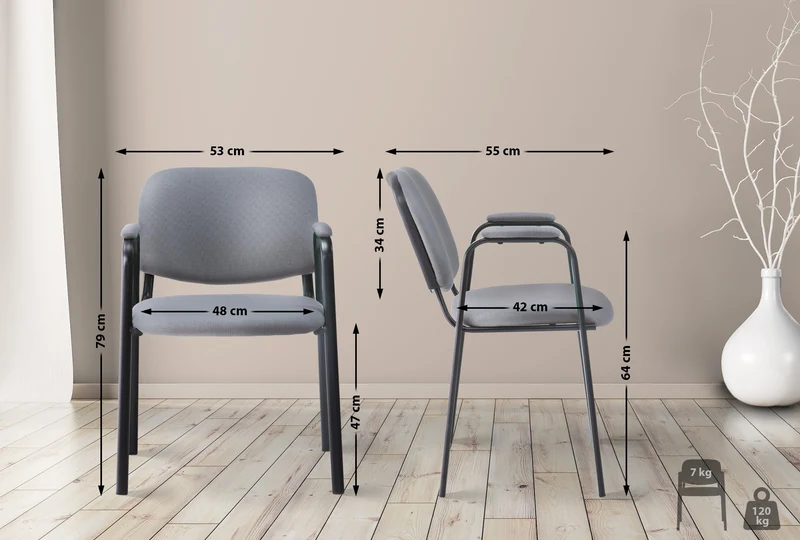Chaise visiteur avec accoudoirs intégrés zone d'attente en tissu gris piètement à 4 pieds en métal noir 10_0003382