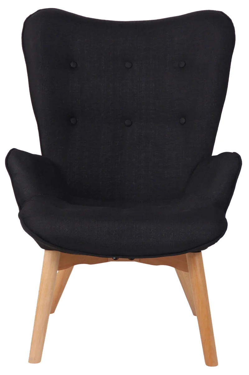 Fauteuil lounge style scandinave dossier haut boutons décoratifs en tissu noir pieds en bois clair 10_0003603