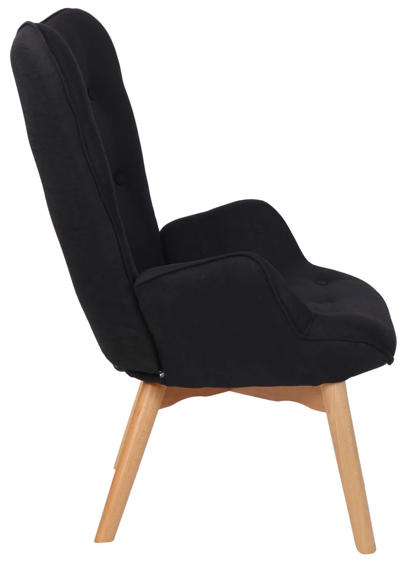 Fauteuil lounge style scandinave dossier haut boutons décoratifs en tissu noir pieds en bois clair 10_0003603