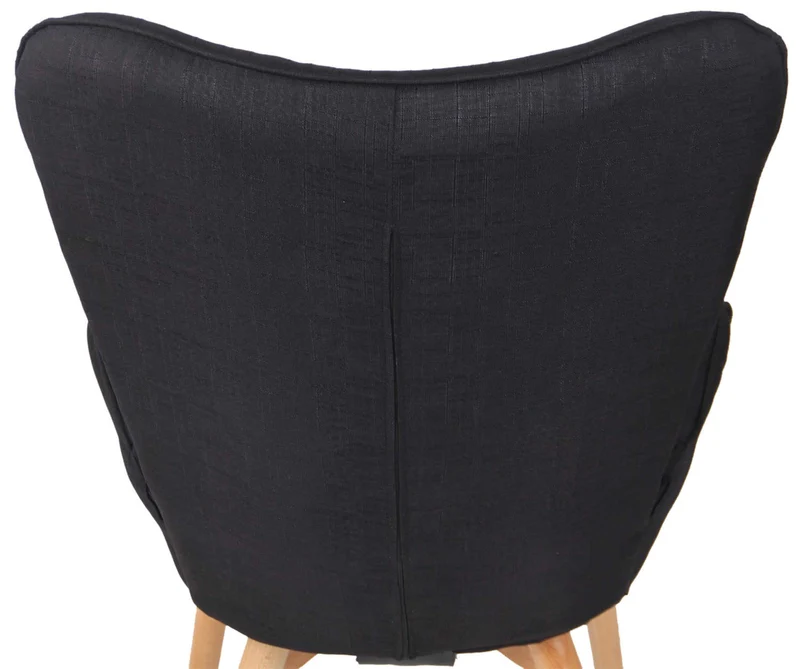 Fauteuil lounge style scandinave dossier haut boutons décoratifs en tissu noir pieds en bois clair 10_0003603
