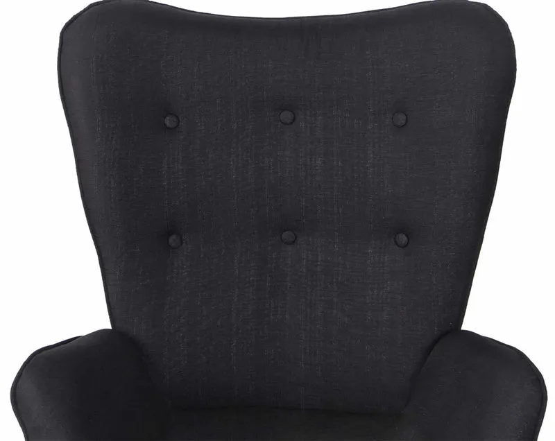 Fauteuil lounge style scandinave dossier haut boutons décoratifs en tissu noir pieds en bois clair 10_0003603