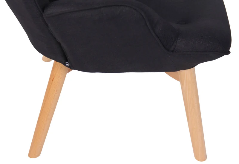 Fauteuil lounge style scandinave dossier haut boutons décoratifs en tissu noir pieds en bois clair 10_0003603