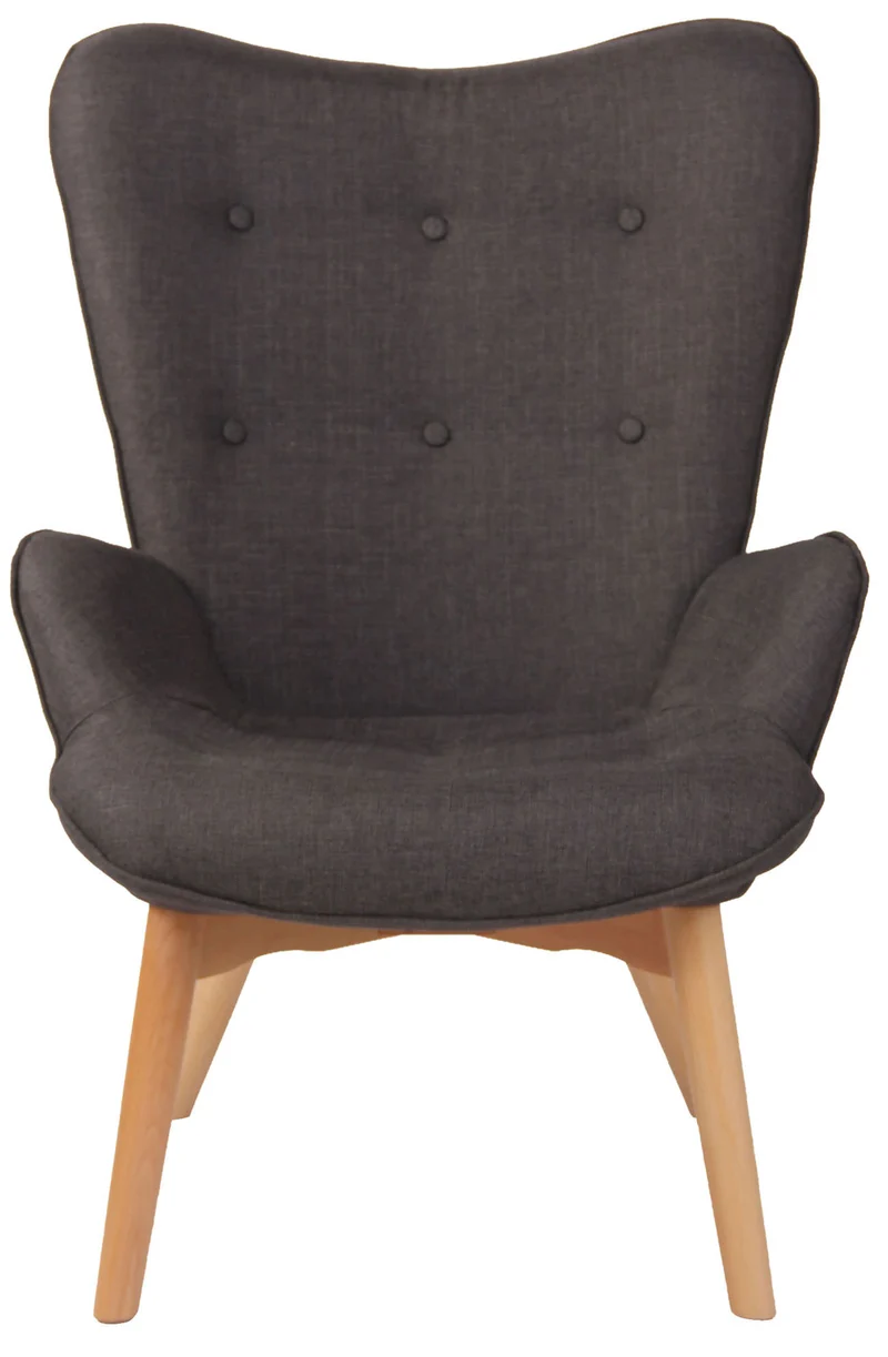 Fauteuil lounge style scandinave dossier haut boutons décoratifs en tissu gris foncé pieds en bois clair 10_0003601